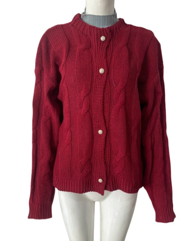Cable Knit Button Front Cardigan Sweater - WineRed