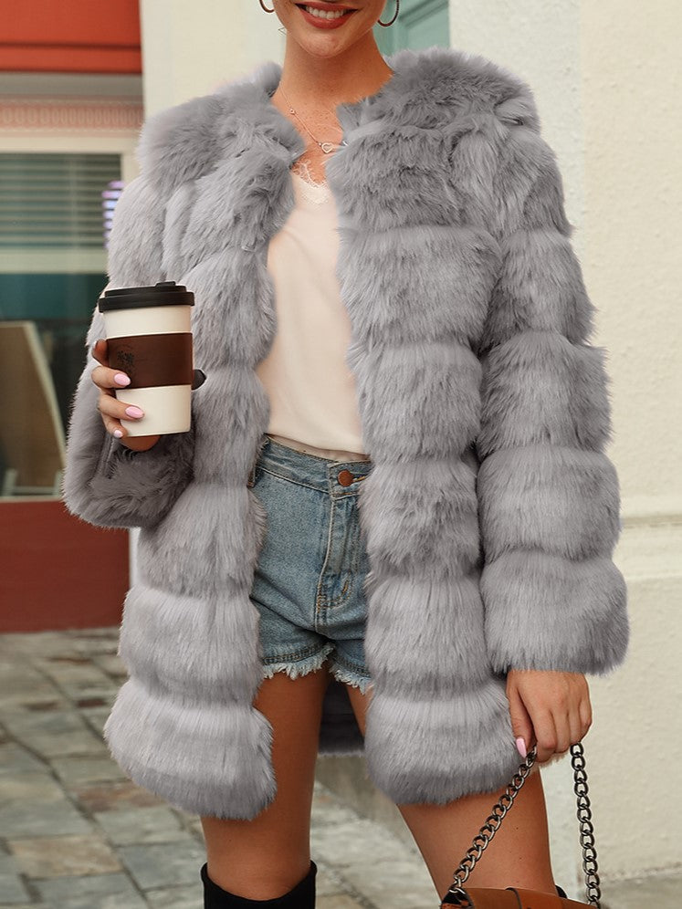 Tiered Panel Faux Fur Coat - Grey