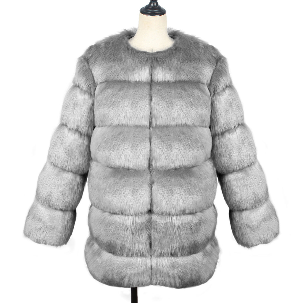 Tiered Panel Faux Fur Coat - Grey - 1