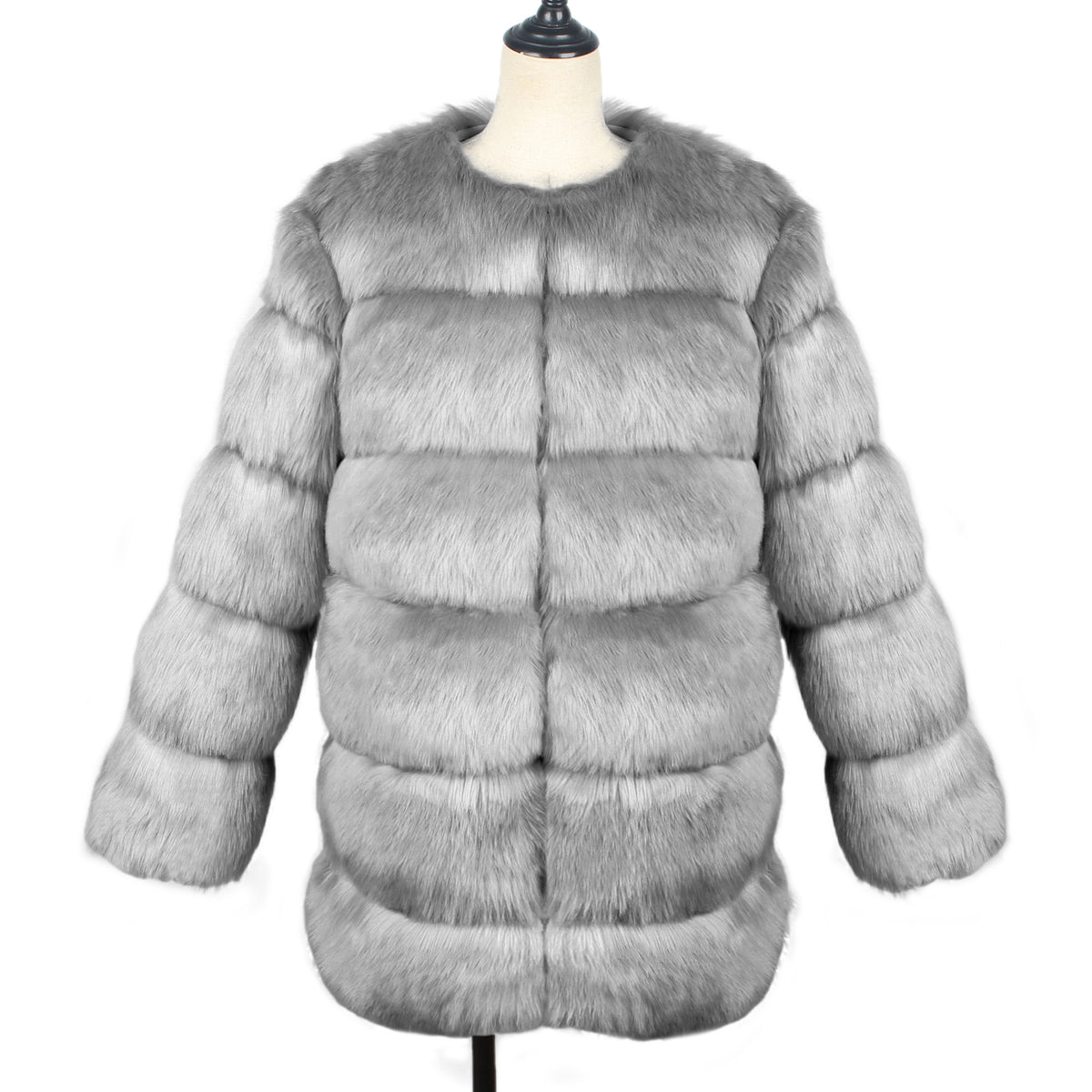 Tiered Panel Faux Fur Coat - Grey - 1