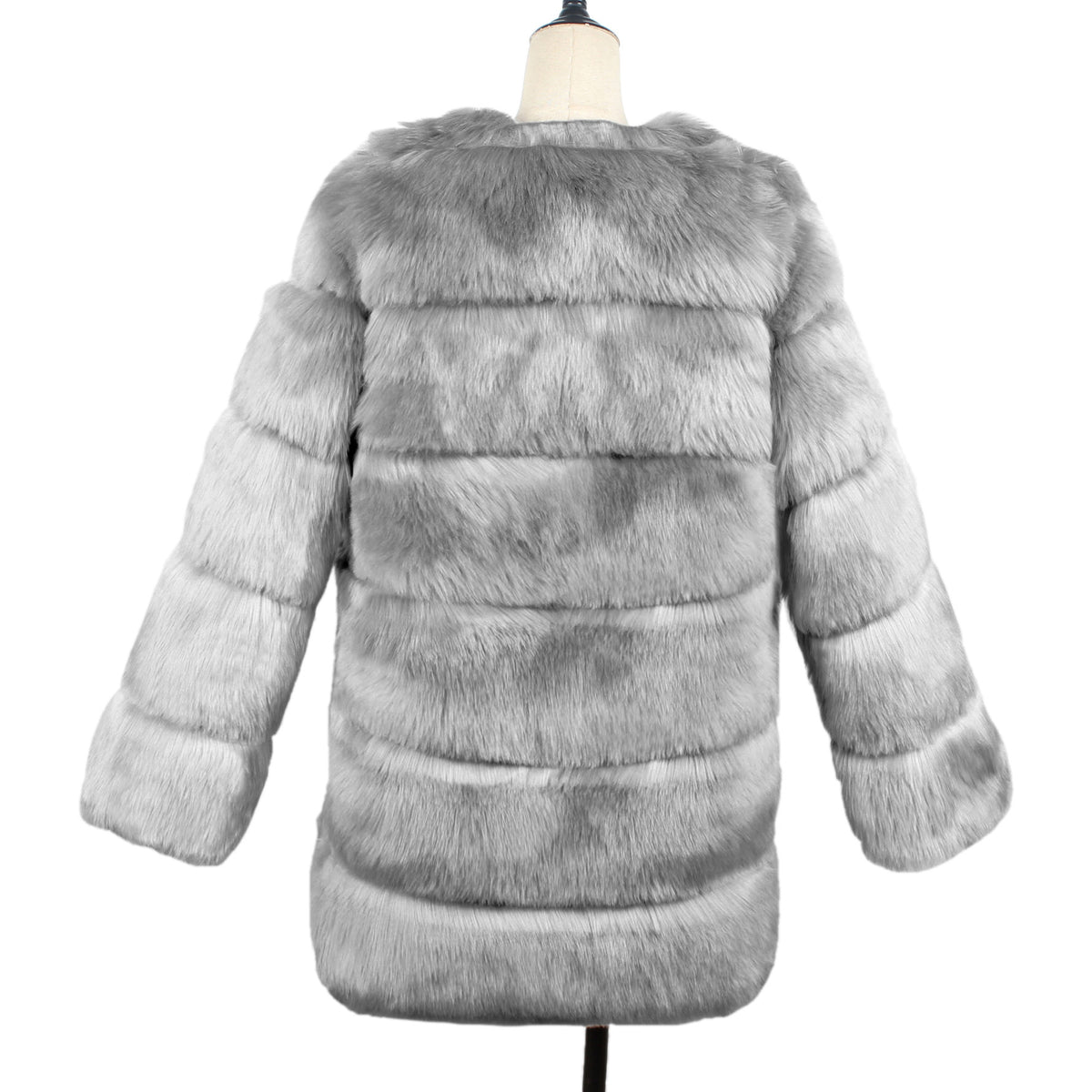 Tiered Panel Faux Fur Coat - Grey - 2