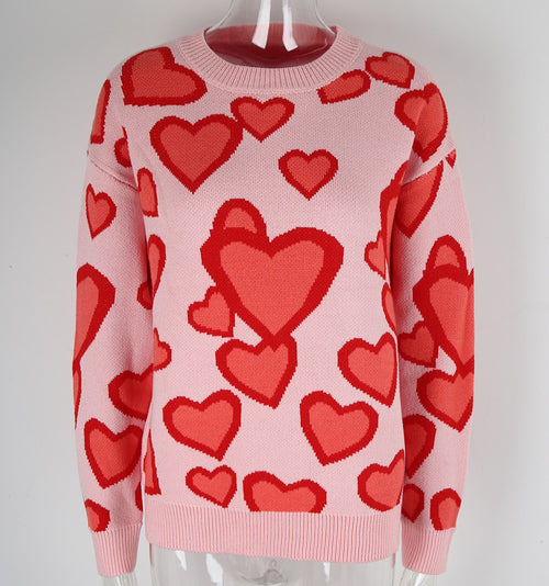 Allover Outline Heart Knit Pullover - Pink - 1