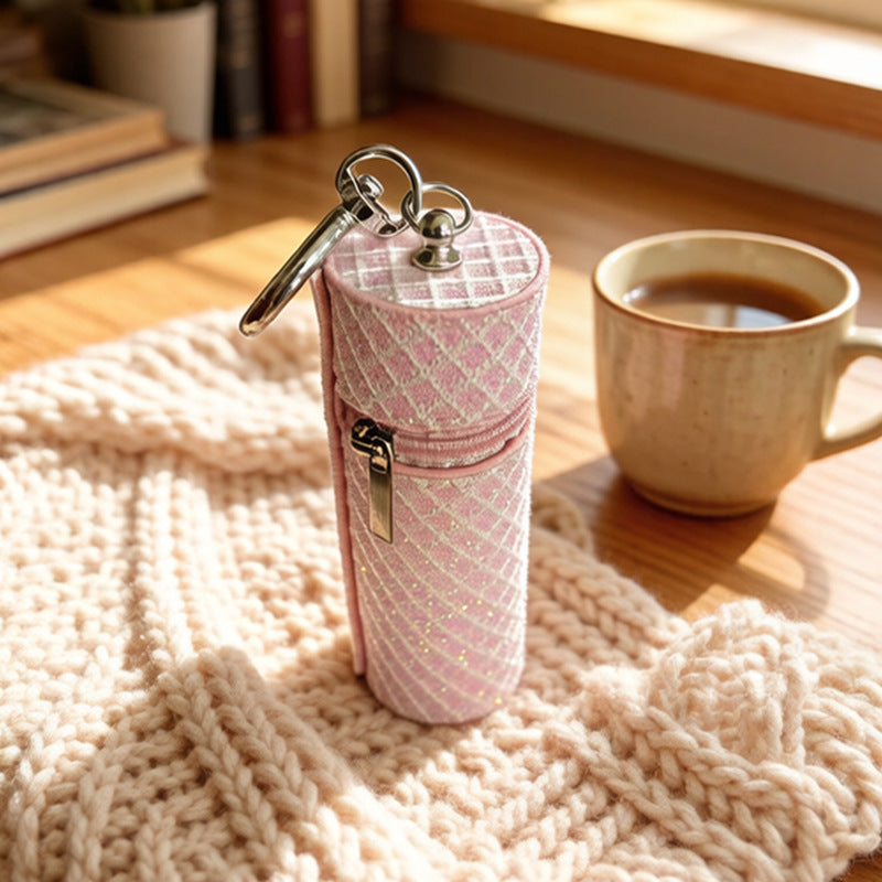 Quilted Lipstick Case Keychain Bag Charm - Pink
