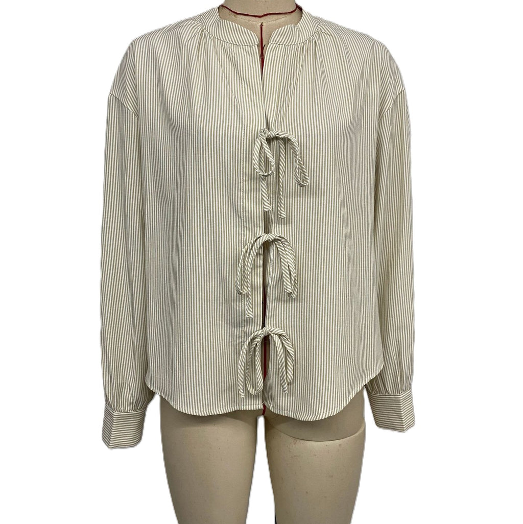 Pinstripe Bow Tie Front Relaxed Blouse - Khaki
