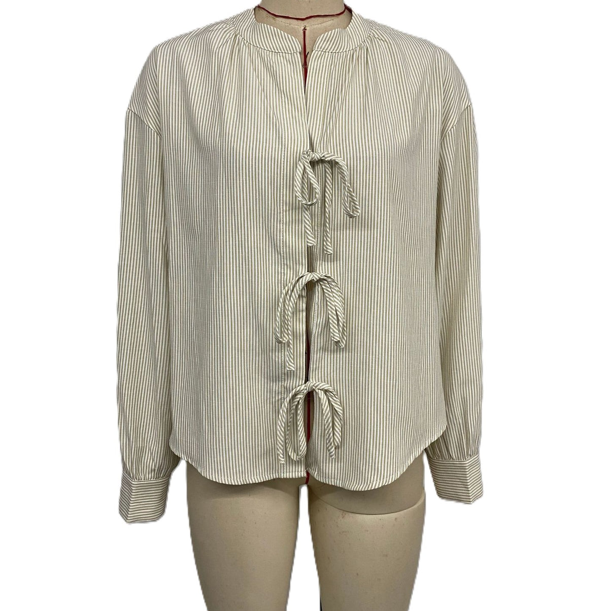Pinstripe Bow Tie Front Relaxed Blouse - Khaki