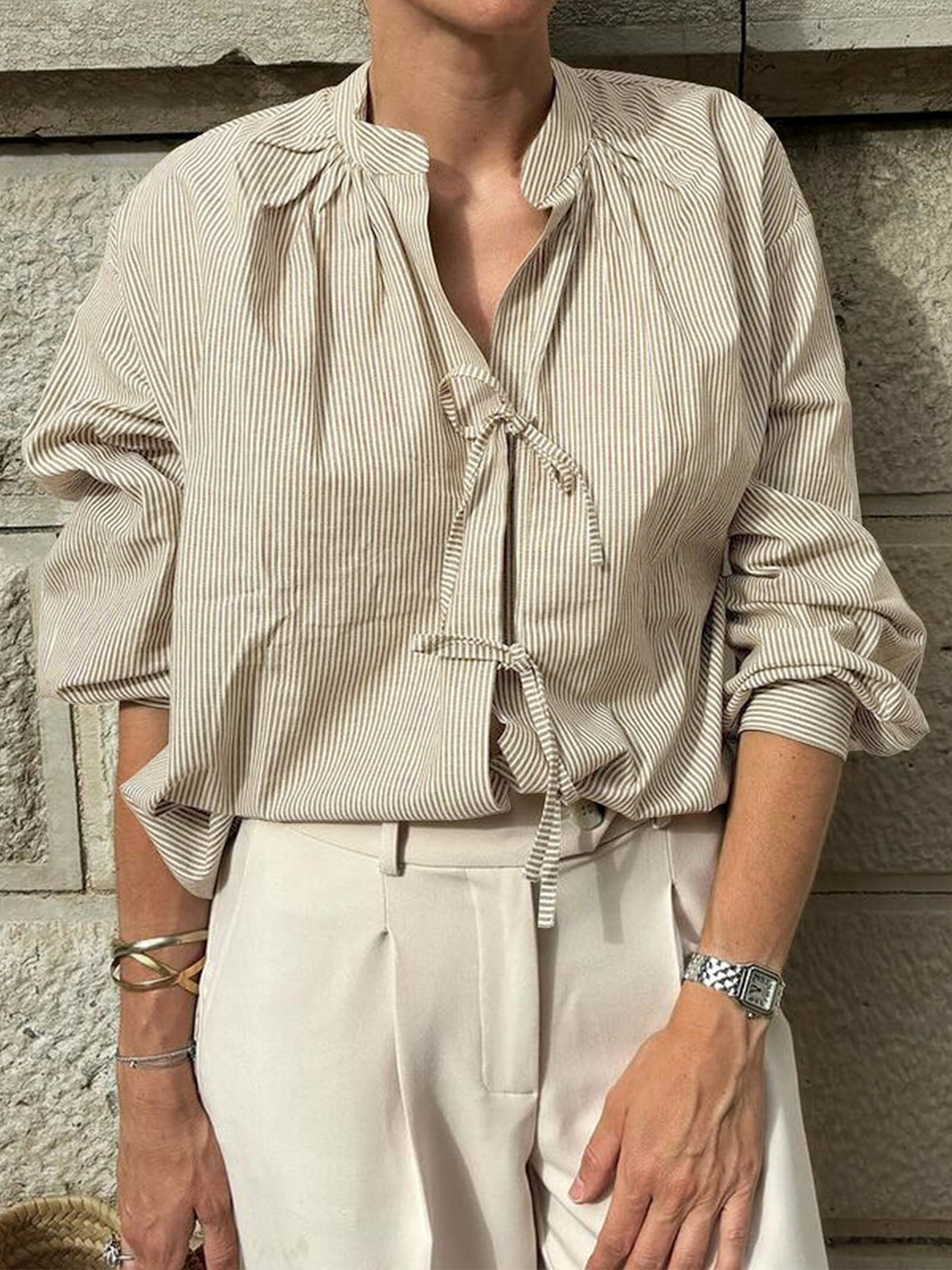 Pinstripe Bow Tie Front Relaxed Blouse - Khaki - 2