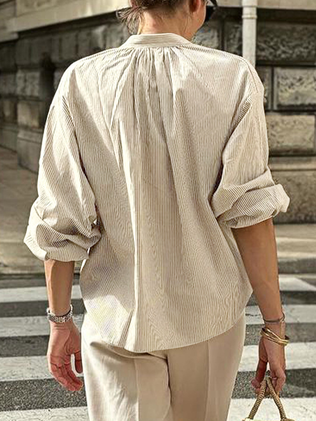 Pinstripe Bow Tie Front Relaxed Blouse - Khaki - 3