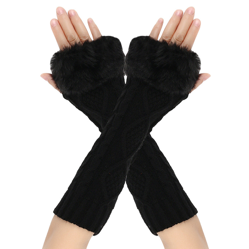Long Cable Knit Fingerless Arm Warmers - Black