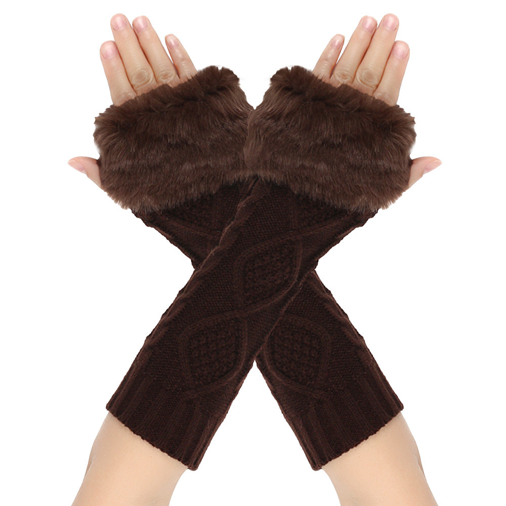Long Cable Knit Fingerless Arm Warmers - Coffee