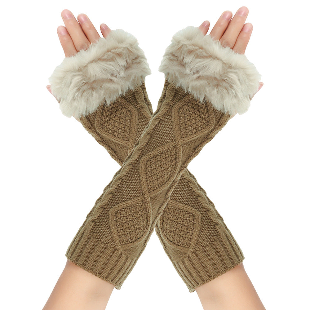 Long Cable Knit Fingerless Arm Warmers - Khaki