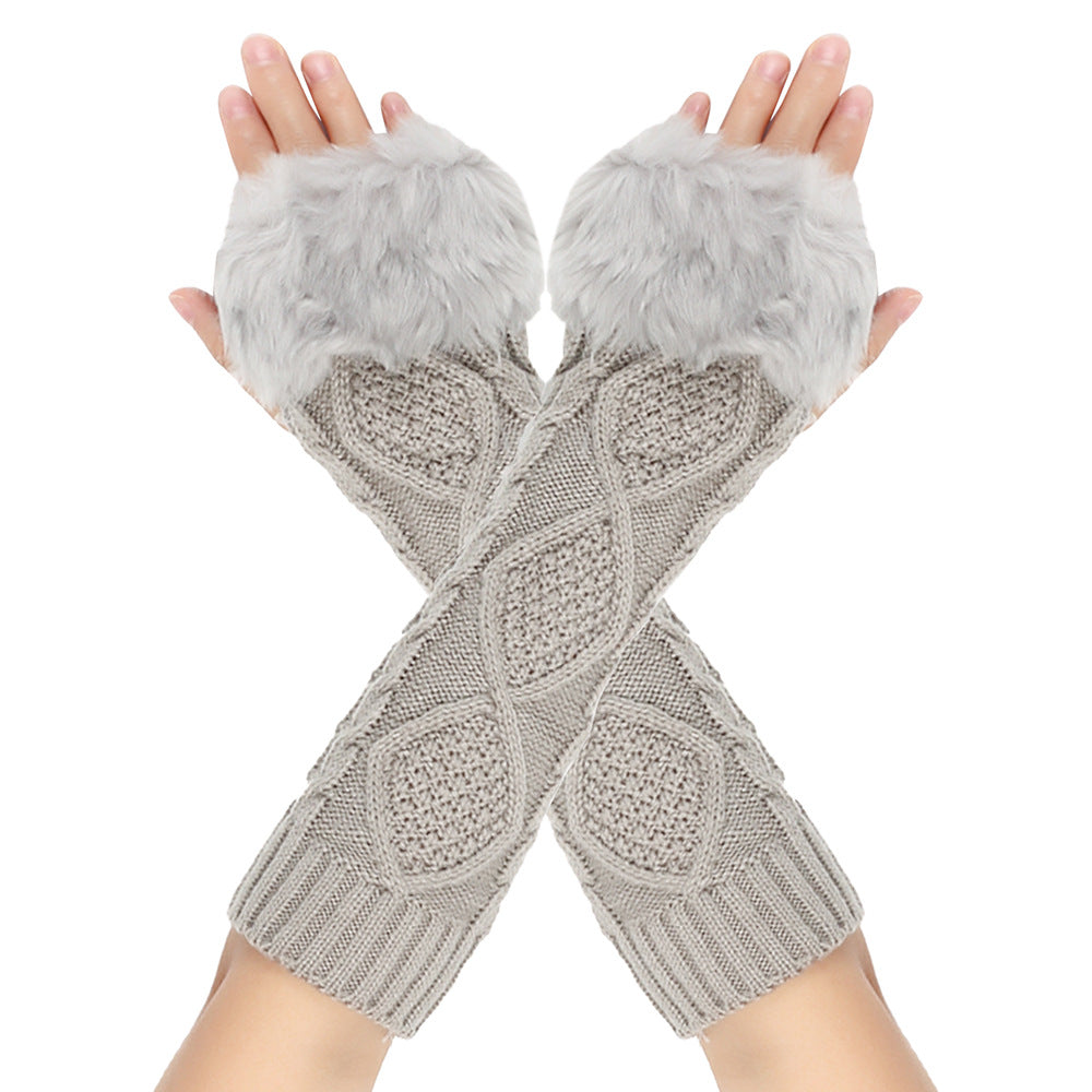 Long Cable Knit Fingerless Arm Warmers - Light-Gray
