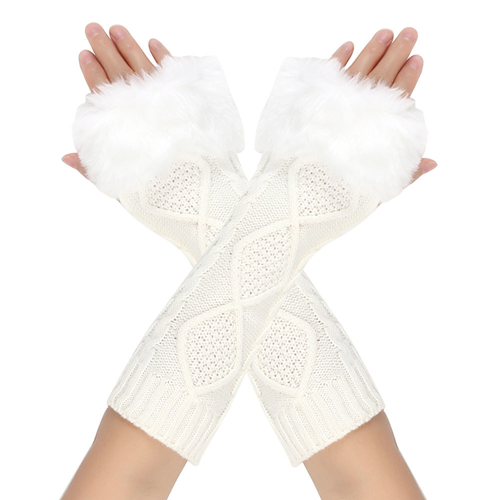 Long Cable Knit Fingerless Arm Warmers - White
