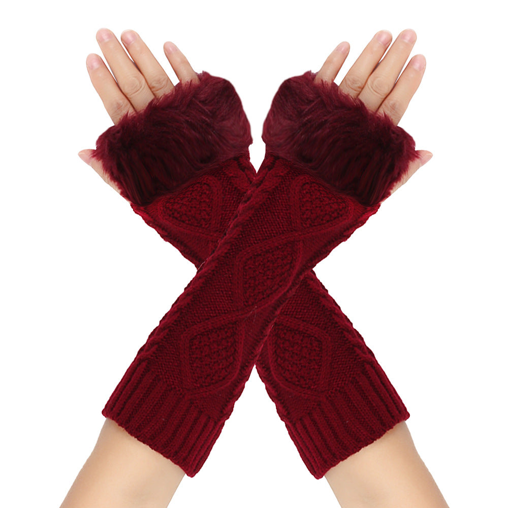 Long Cable Knit Fingerless Arm Warmers - Wine-Red