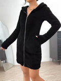 Hooded Zip Front Plush Mini Dress - Black
