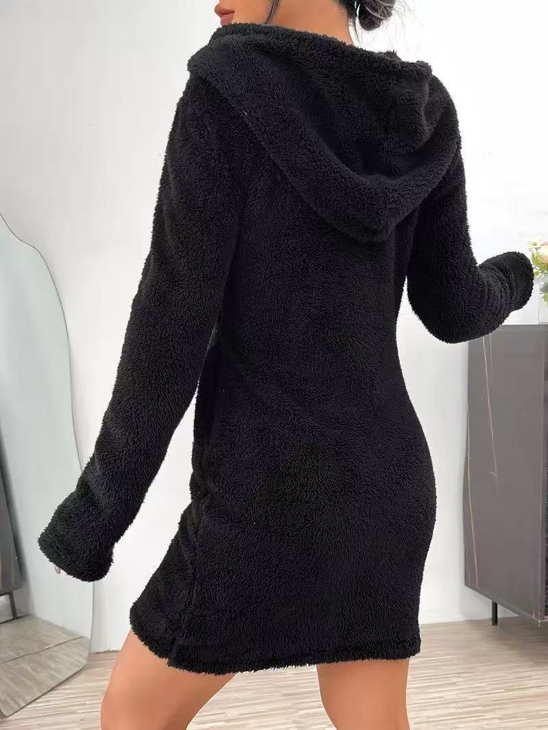 Hooded Zip Front Plush Mini Dress - Black - 1