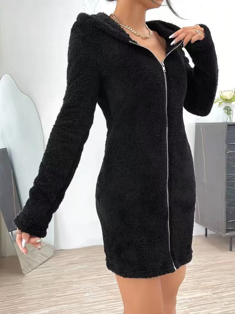 Hooded Zip Front Plush Mini Dress - Black - 2