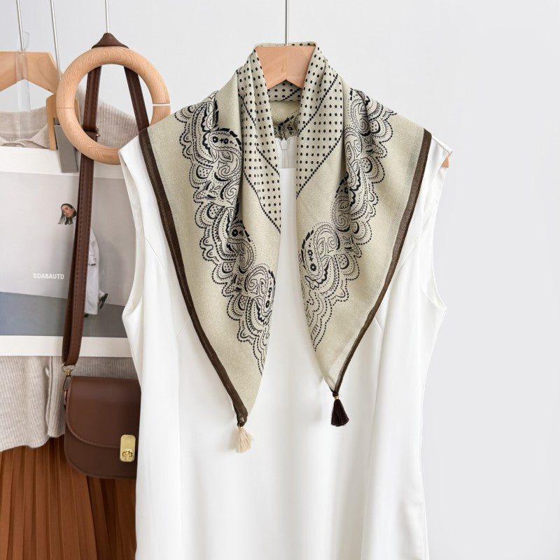Tasseled Bandana With Dotted Paisley Border - Beige
