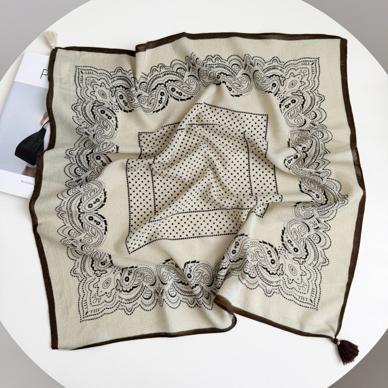 Tasseled Bandana With Dotted Paisley Border - Beige - 1