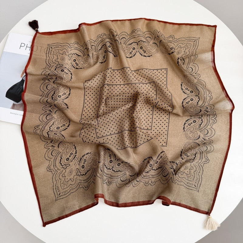 Tasseled Bandana With Dotted Paisley Border - Khaki - 1