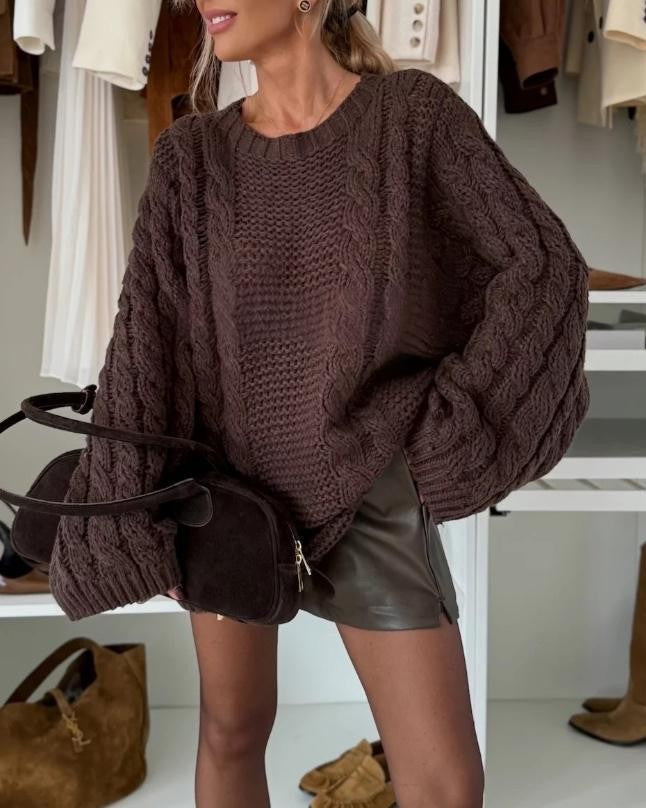 Balloon Sleeve Chunky Cable Knit Sweater - Coffee