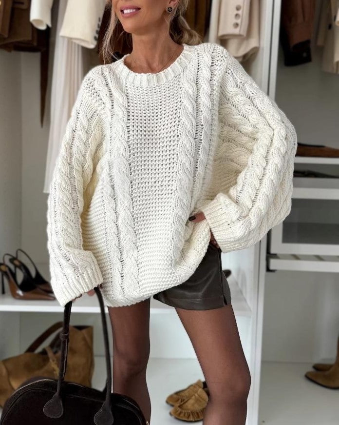 Balloon Sleeve Chunky Cable Knit Sweater - Off-White
