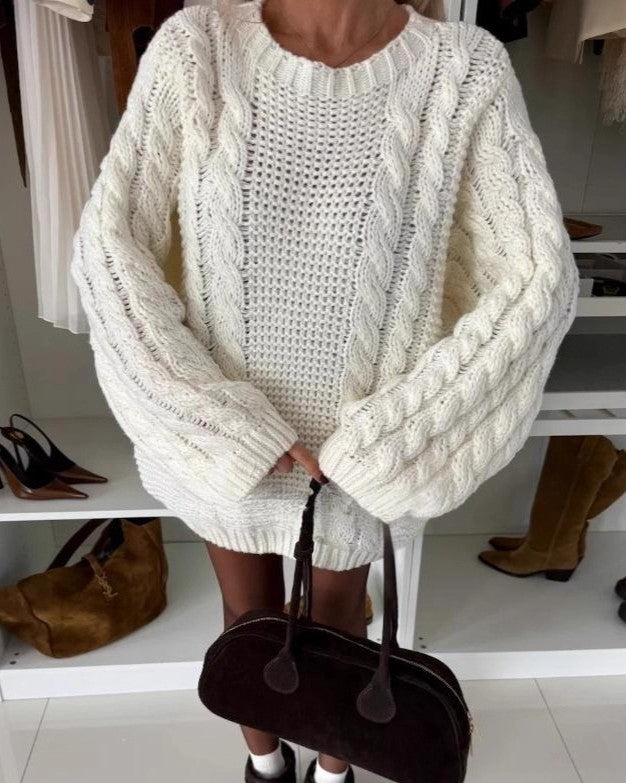 Balloon Sleeve Chunky Cable Knit Sweater - Off-White - 1
