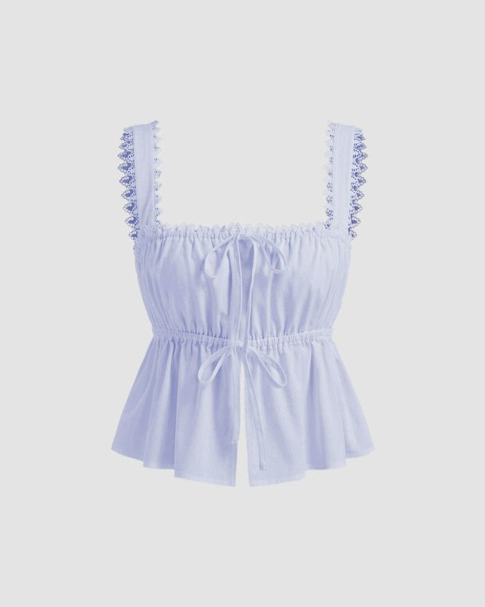 Lace Trim Drawstring Peplum Tank Top - Blue