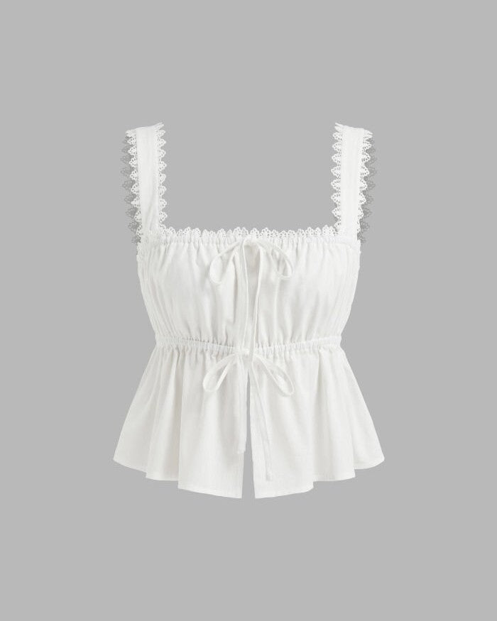 Lace Trim Drawstring Peplum Tank Top - White - 1