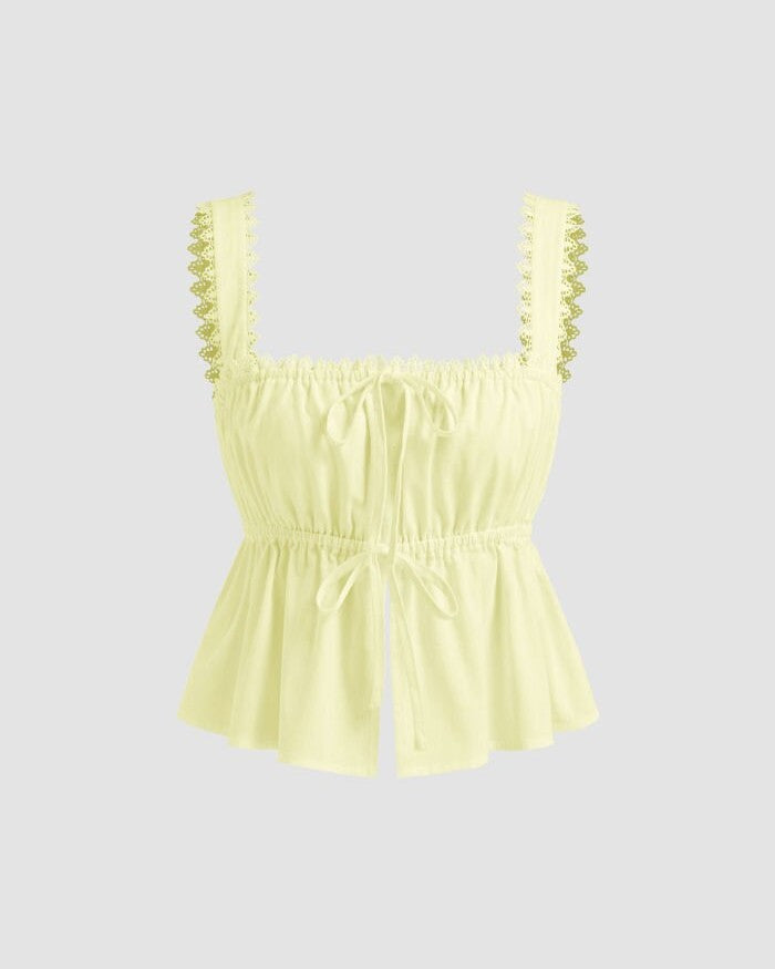 Lace Trim Drawstring Peplum Tank Top - Yellow