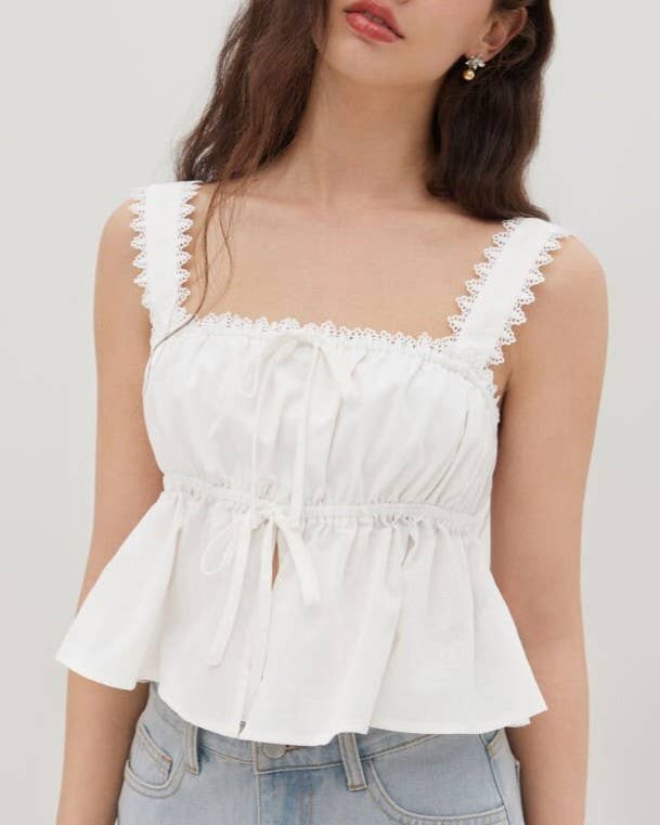 Lace Trim Drawstring Peplum Tank Top