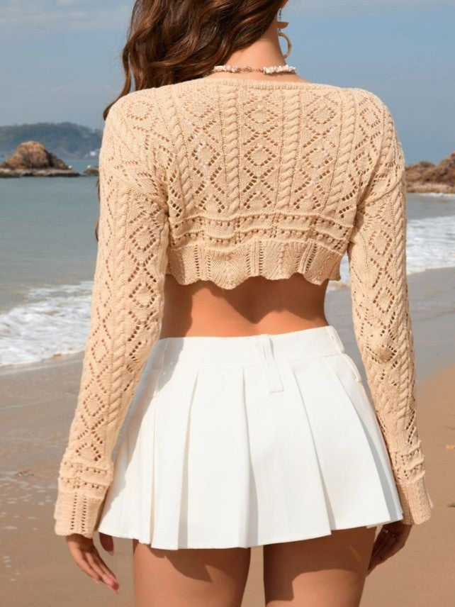 Tie Front Pointelle Knit Cropped Cover Up - Apricot - 1
