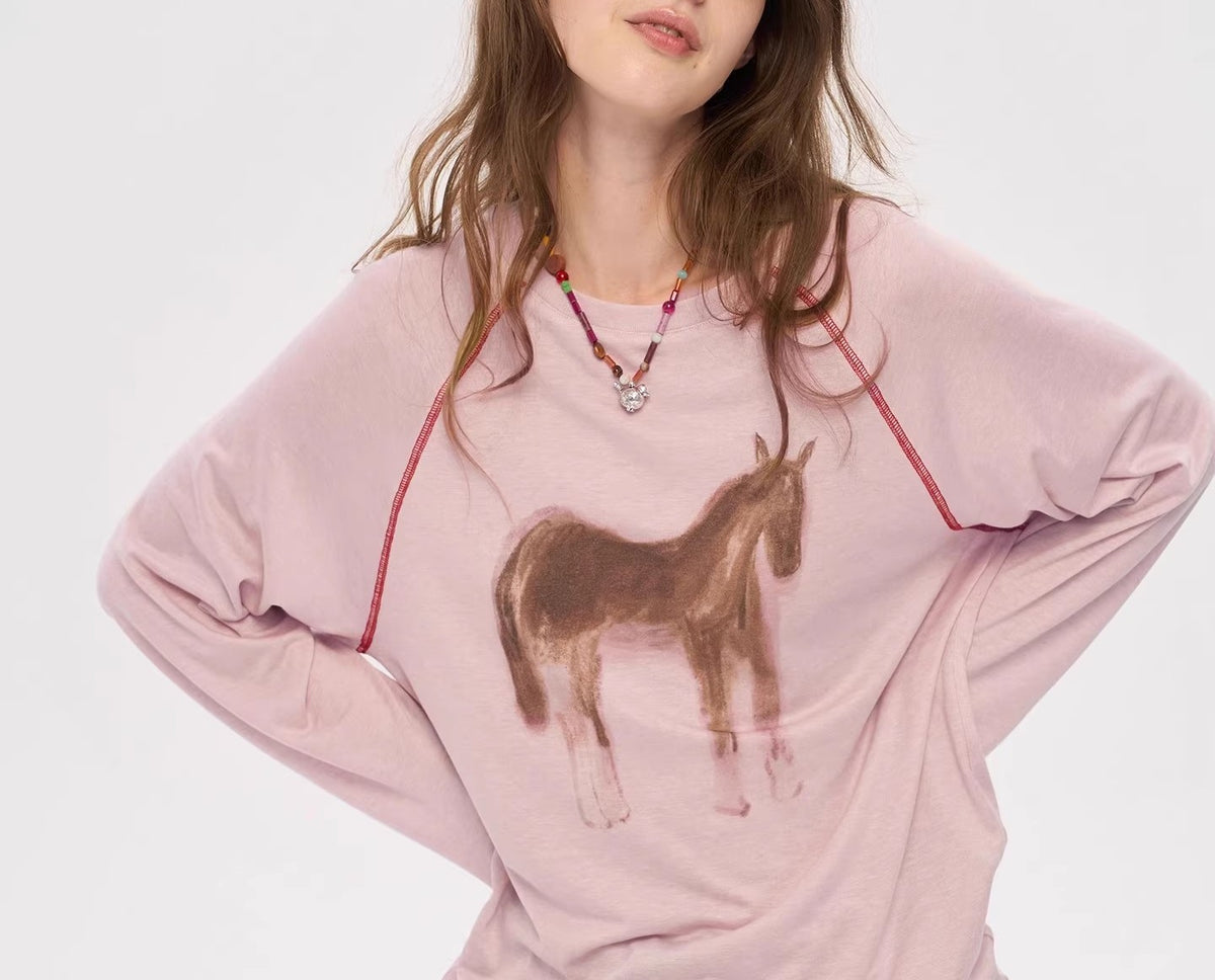 Long Sleeve Horse Print Tee With Piping - Pink