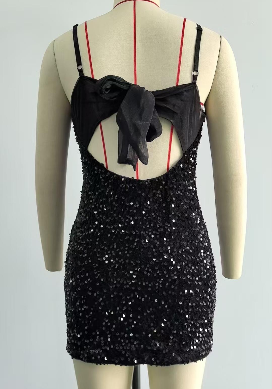 Sequin Bow Back Bodycon Cami Mini Dress - Black - 2