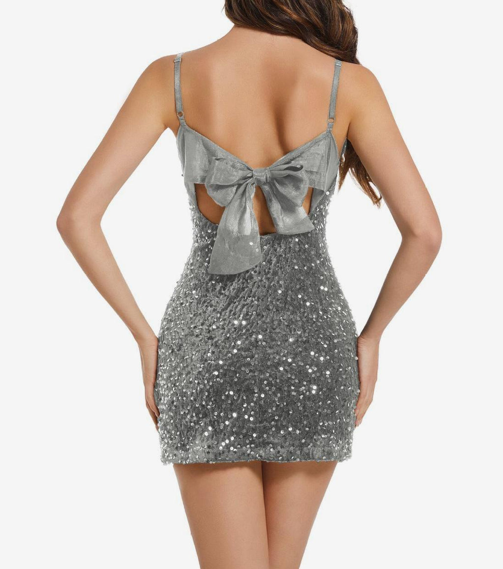 Sequin Bow Back Bodycon Cami Mini Dress - Sliver