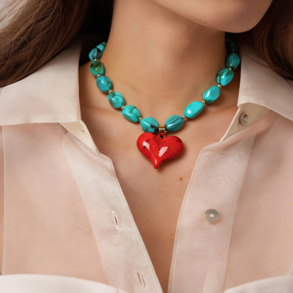 Chunky Beaded Heart Pendant Statement Necklace - Blue