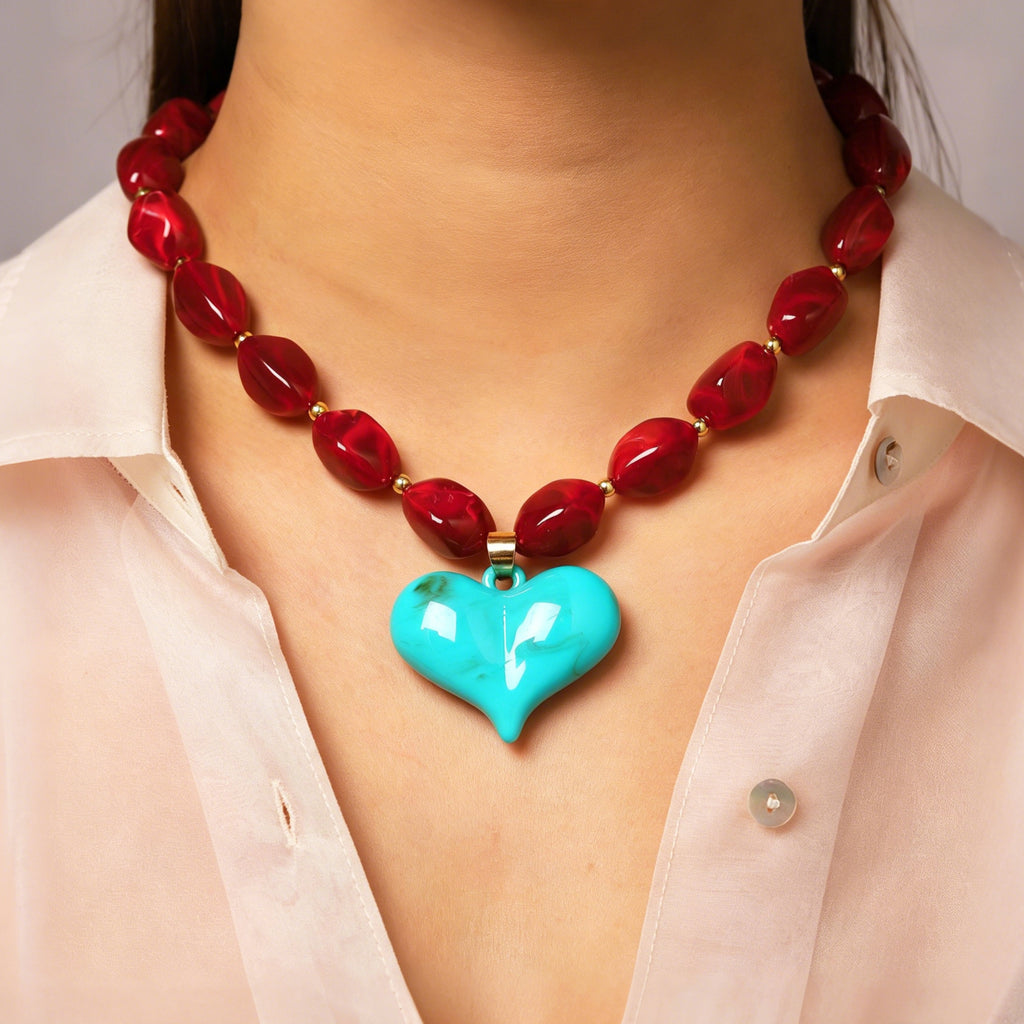 Chunky Beaded Heart Pendant Statement Necklace - Red