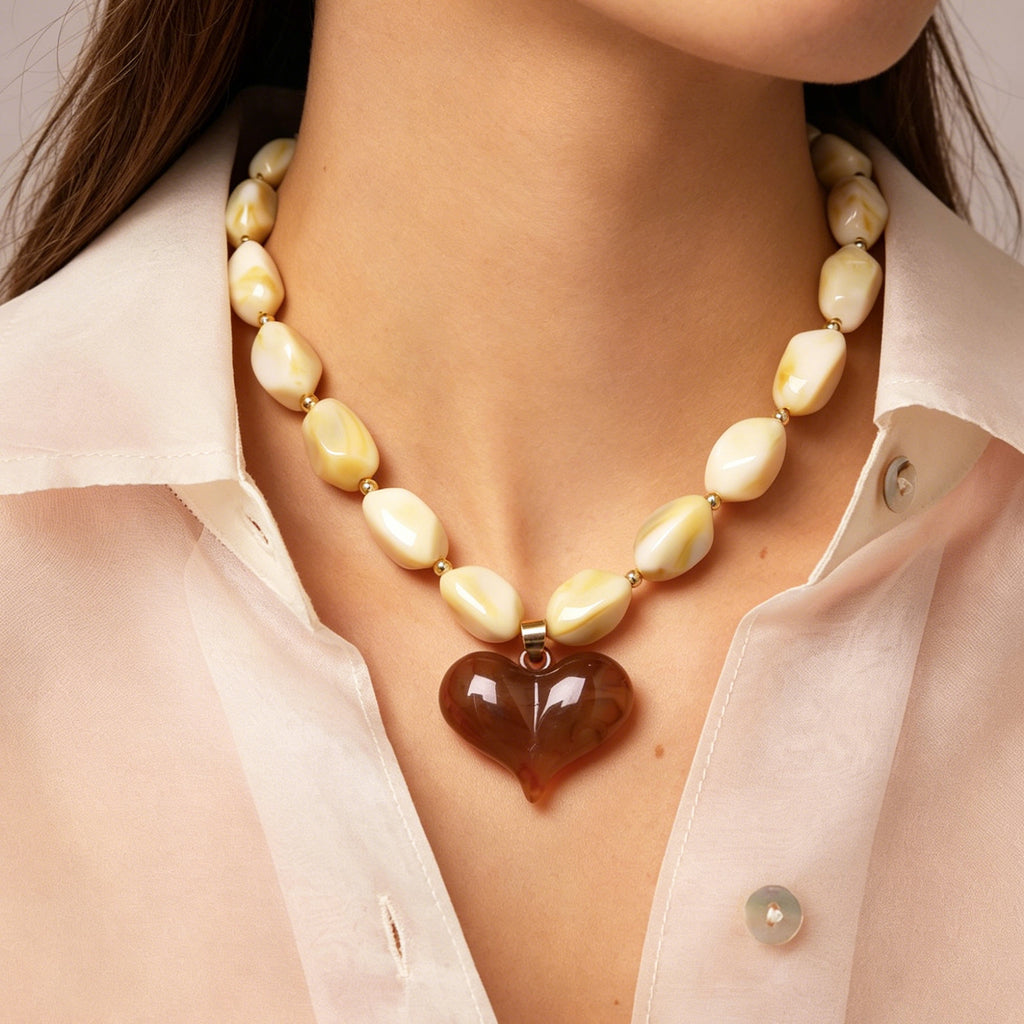Chunky Beaded Heart Pendant Statement Necklace - White
