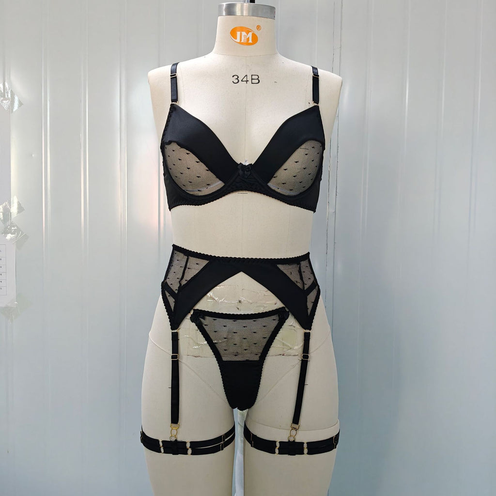 Black Polka Dot Mesh Underwire Garter Belt Set - Black