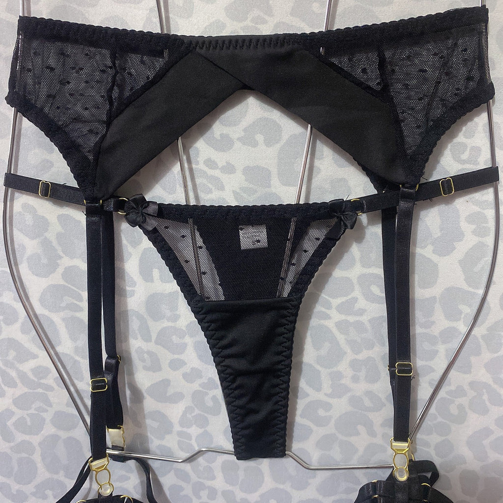 Black Polka Dot Mesh Underwire Garter Belt Set