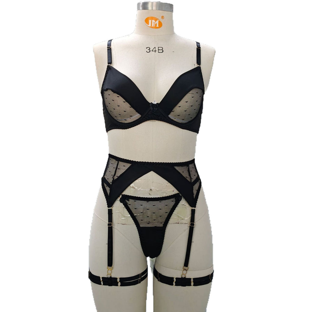 Black Polka Dot Mesh Underwire Garter Belt Set