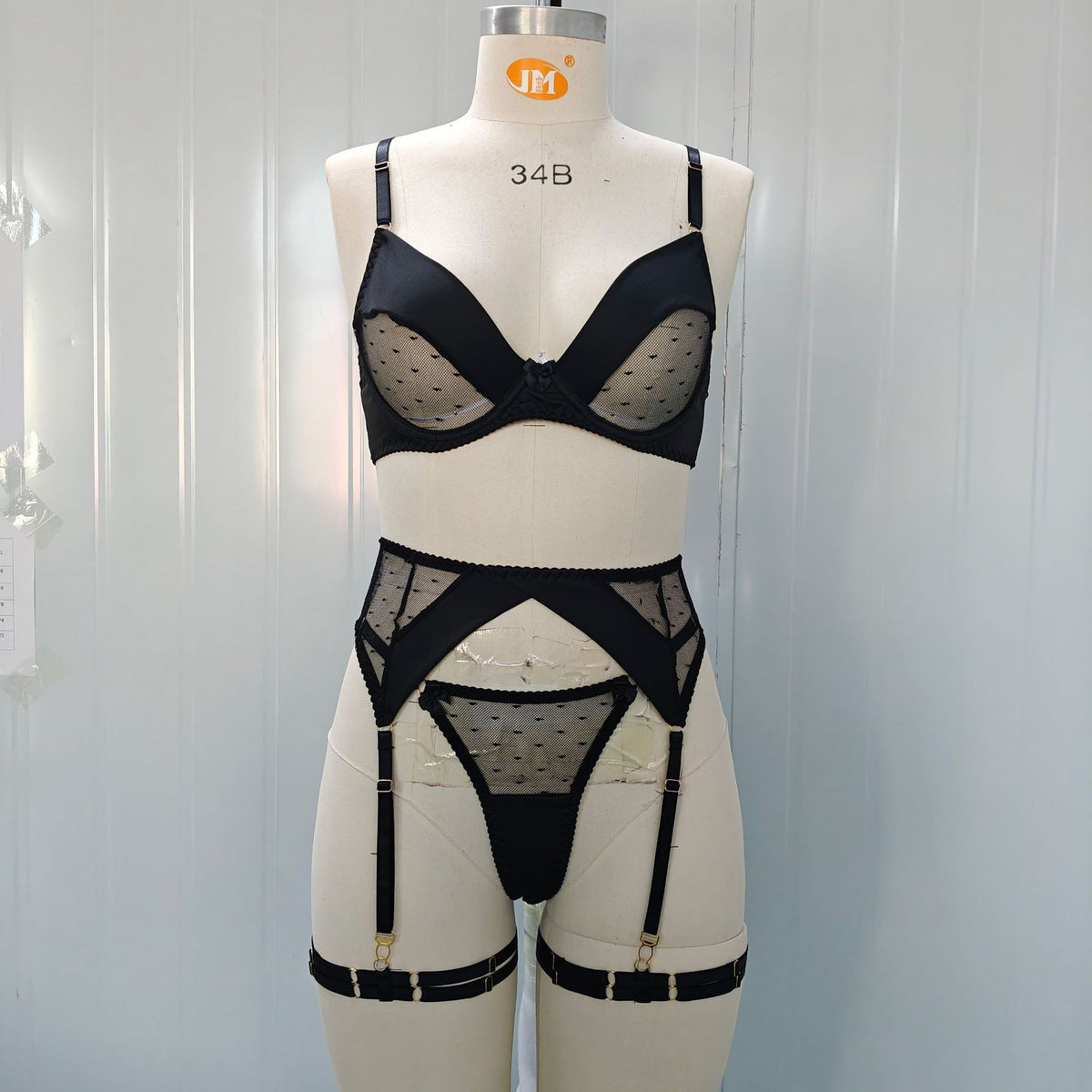 Black Polka Dot Mesh Underwire Garter Belt Set