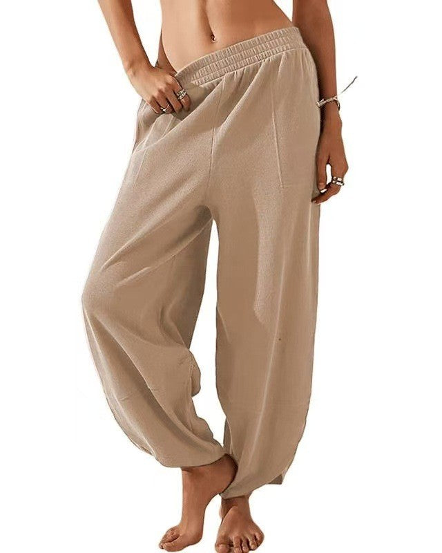 Balloon Leg Harem Pants With Smocked Waistband - Beige