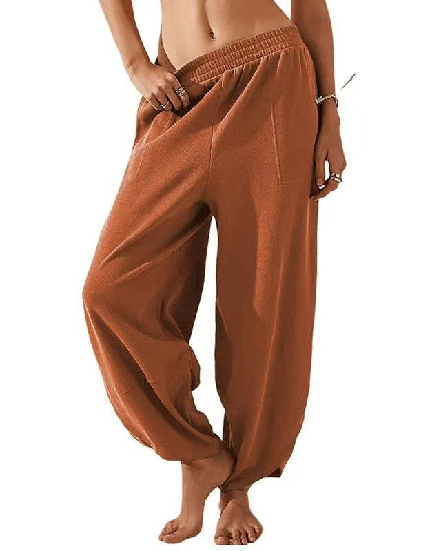 Balloon Leg Harem Pants With Smocked Waistband - Caramel
