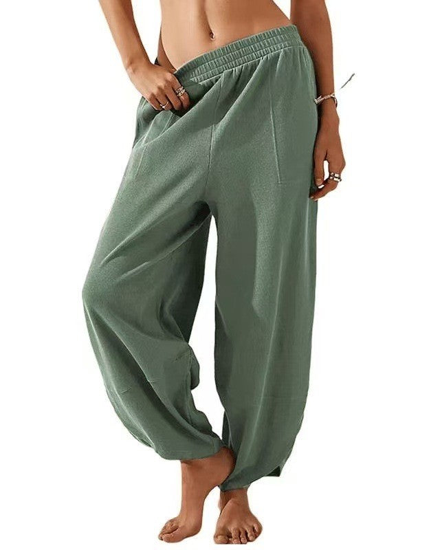 Balloon Leg Harem Pants With Smocked Waistband - Green