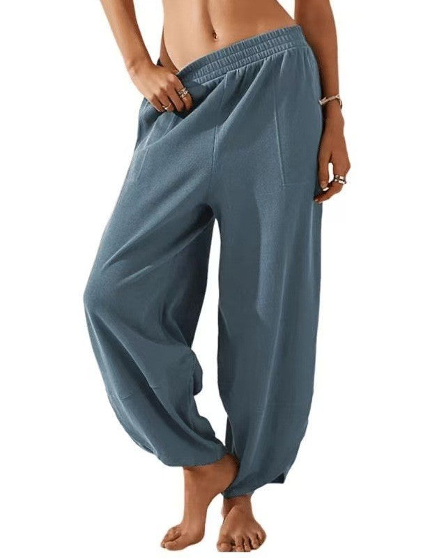 Balloon Leg Harem Pants With Smocked Waistband - Navy