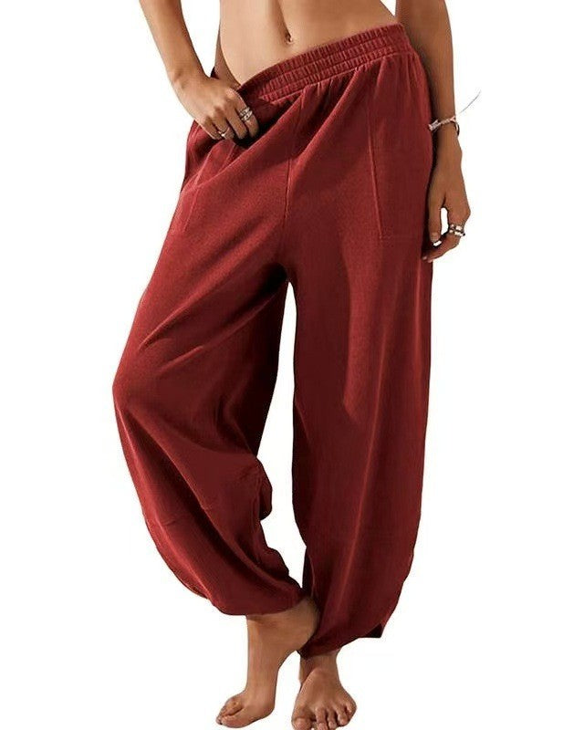 Balloon Leg Harem Pants With Smocked Waistband - Red