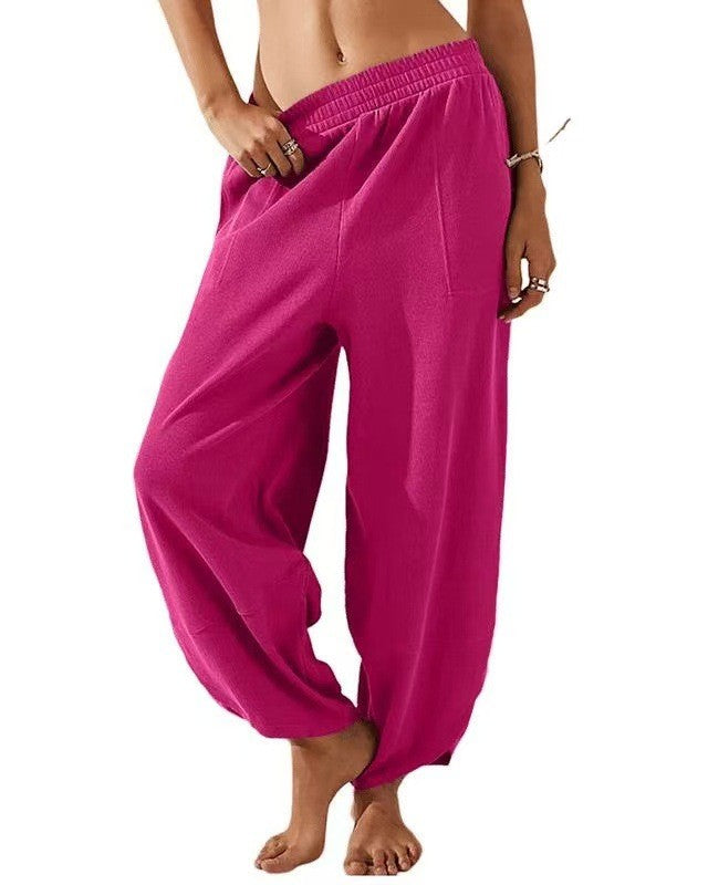 Balloon Leg Harem Pants With Smocked Waistband - Rose_Red