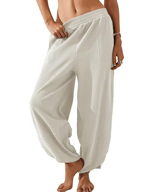 Balloon Leg Harem Pants With Smocked Waistband - White