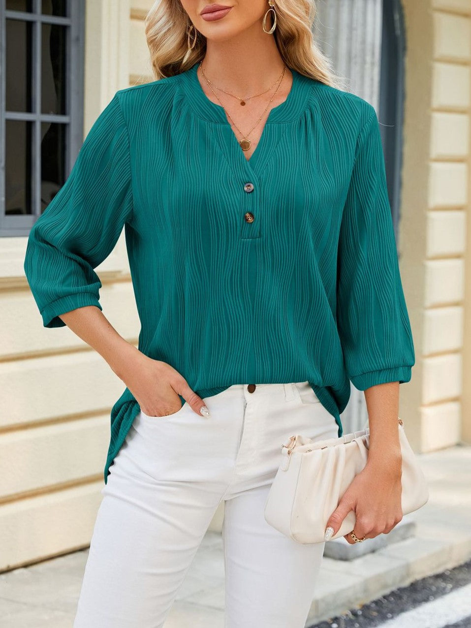 Split V Neck Button Henley Blouse - Darkgreen - 1