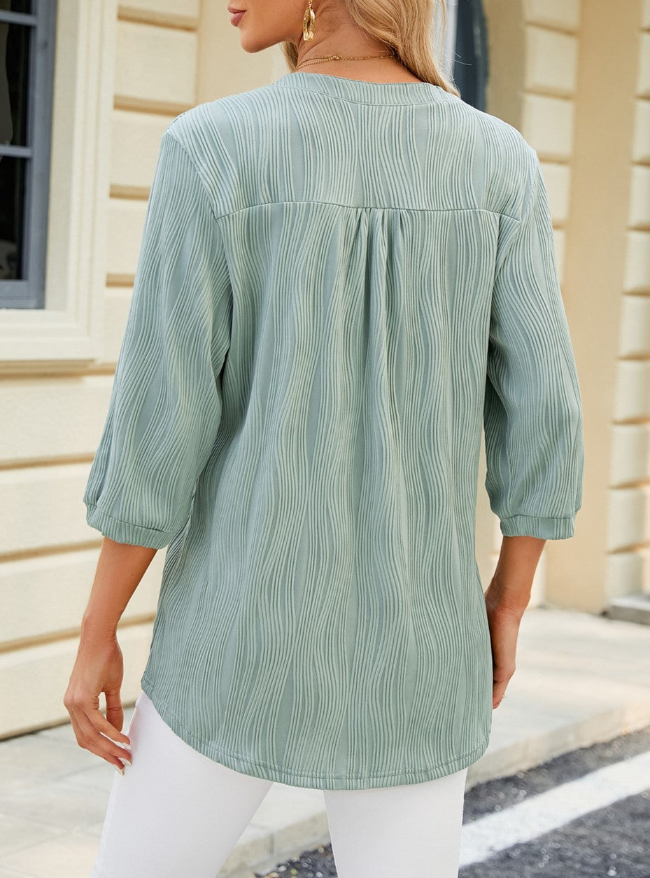 Split V Neck Button Henley Blouse - Green - 1